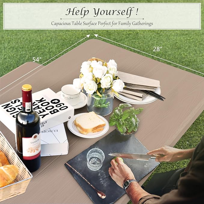 Moccha Picnic Table Bench Set, Portable Plastic Picnic Table w/Steel Frame & Wood-Like Texture, All Weather Heavy Duty Picnic Table Kit, Picnic Tables for Outdoors Garden Patio Dining (Light Brown)