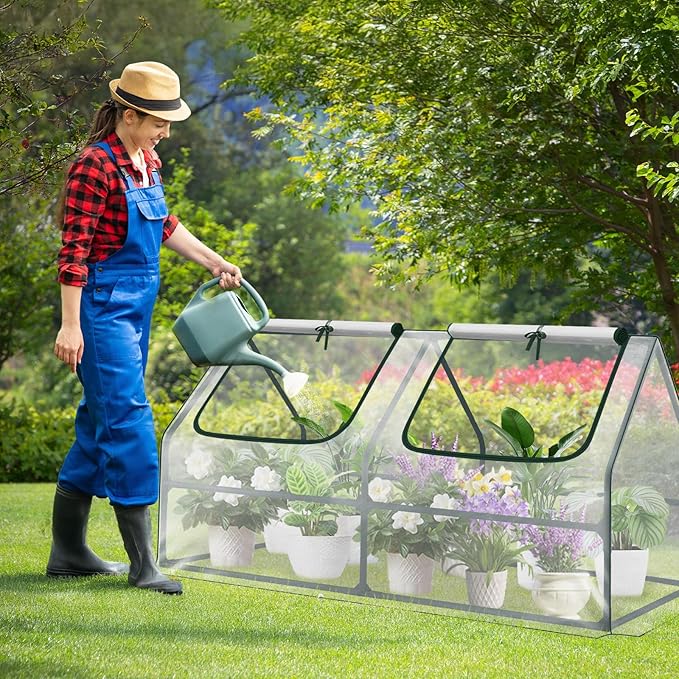 Aoodor 6 x 3 x 3 ft Mini Greenhouse with 2 Zipper Doors, Water-Resistant, UV-Protected for Flowers, Vegetables, and Herbs, Transparent