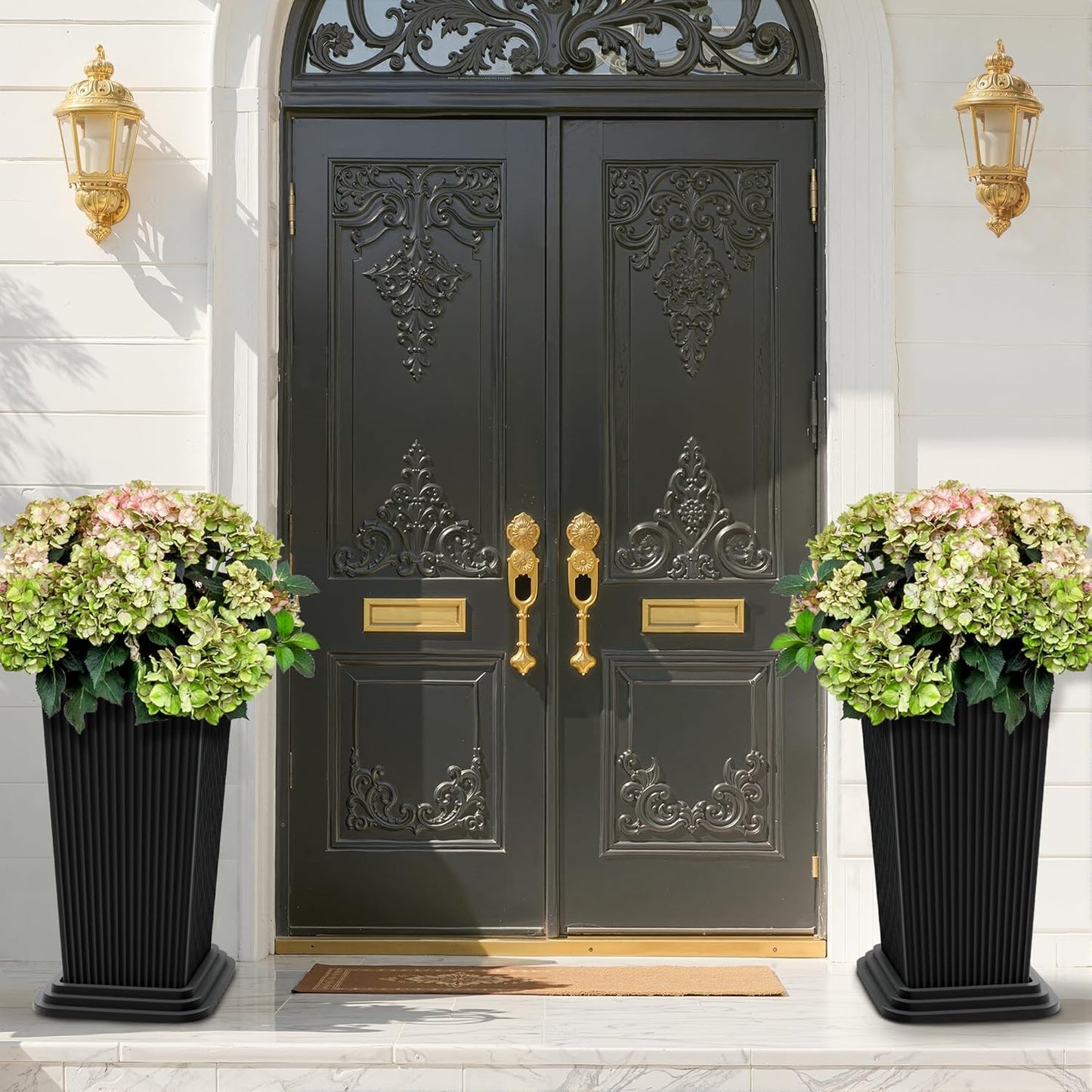 FENCY Set of 2 Tall Planters for Outdoor Plants, 24 Inch Large Tapered Pots with Drainage Trays, Weather-Resistant Plastic Plant Containers for Patio, Porch, Garden, Front Door Decor,Black,Striped