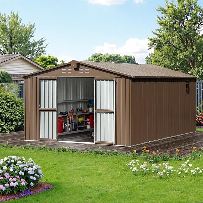 10x12 Ft Large Outdoor Storage Shed, Brown Metal Garden Outdoor Storage Workshop Shed with Lockable Doors, Windows, Air Vents, Waterproof for Backyard, Mower Storage, Backyard, Lawn, Patio