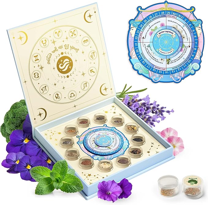 Lush&Dew Gardening Gift for Women Men, Zodiac Garden Seed Bank, 12 Types Non-GMO Vegetables Flower Seeds in Seed Organizer, Magnetic Gift Box, Witchcraft Supplies with Moon Calendar (Air Signs)