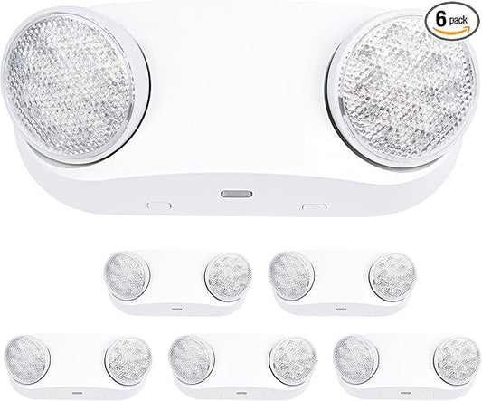 GRUENLICH LED Emergency Light with Battery Backup, 2 Adjustable Bug Eye Heads Lights, US Standard, AC 120-277V, Hardwired Commercial Emergency Exit Light for Business, 6-Pack