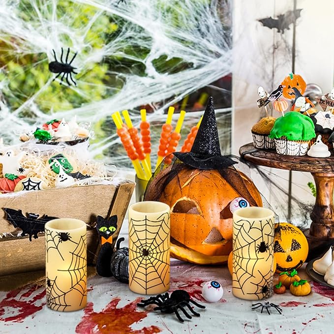 DRomance Flameless Candles Battery Operated with Timer, Set of 3 Spider Cobweb Decals Yellow Light Real Wax LED Flickering Pillar Candles Dinner Tabletop Halloween Home Decoration (3" x 6")