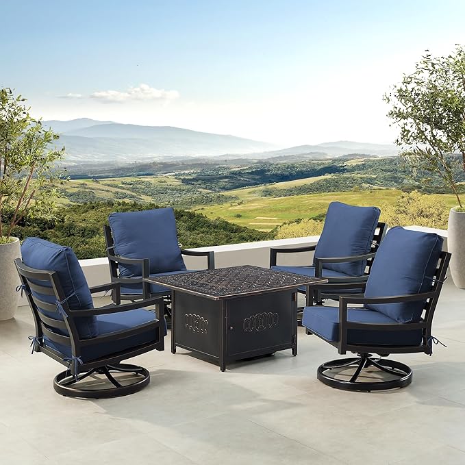 Oakland Living Black Aluminum Patio Fire Table Set with Four Club Chairs with Blue Cushions