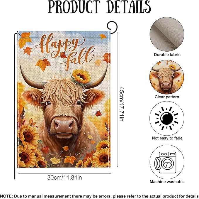 Fall Garden Flag 12 x 18 Inch Double Sided Cow Maple Leaves Sunflower Designs Autumn Burlap Yard Flag for Outside Rustic Yard Outdoor Holiday Home Decoration