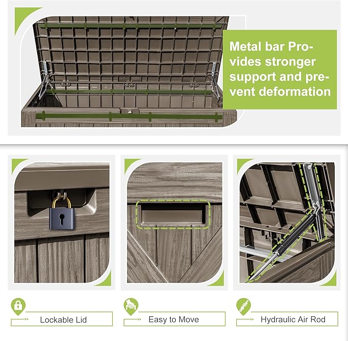 Greesum 120 Gallon Deck Box, Resin Outdoor Storage Container for Patio Furniture, Garden Tools, Pool Accessories, Weatherproof, Lockable, Coffee