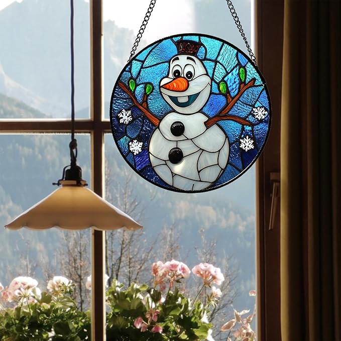 Stained Glass Window Hanging Christmas Funny Snowman 15" - Suncatcher Door Garden Blue White Snowflakes Sun Catcher New Year Birthday for Friend Mom Men Woman Nana