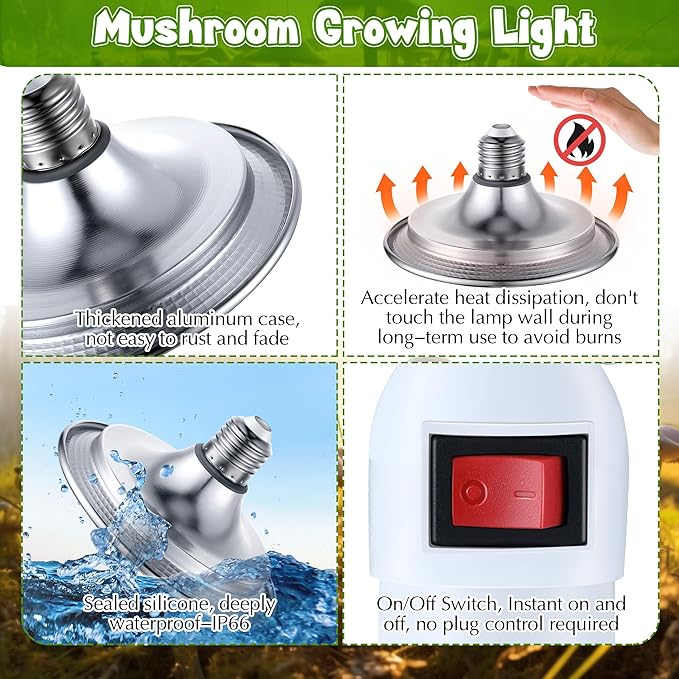 Meonum 1 Pack LED Growing Lights for Mushroom Unique Spectrum Mushroom Growing Lamp with 4.9 ft Extension Cord Hanging Light Bulbs with White Blue LEDs for Indoor Plants