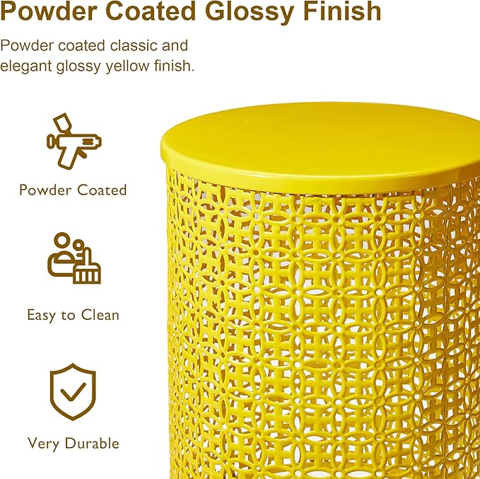 Glitzhome Outdoor Side Table Set of 2, Decorative Garden Stool for Indoor Outdoor Heavy Duty Metal Frame Accent Table Modern End Table, Glossy Yellow