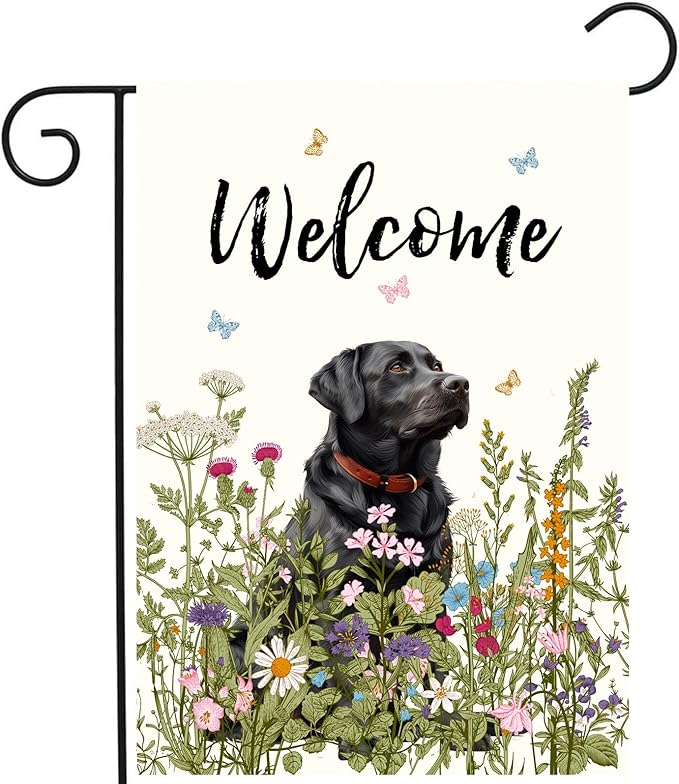 Spring Summer Garden Flag Floral Black Lab Yard Flag Flower Labrador Dog Garden Flags for Outside Small Outdoor Welcome Flags 12x18 Double Sided