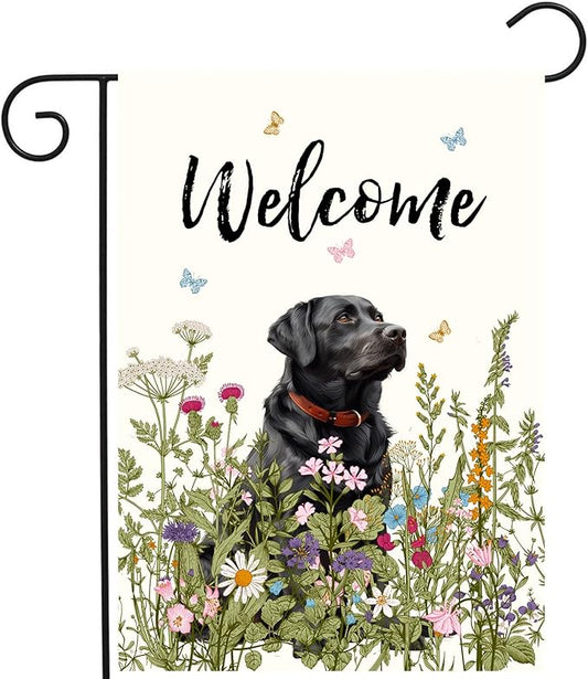 Spring Summer Garden Flag Floral Black Lab Yard Flag Flower Labrador Dog Garden Flags for Outside Small Outdoor Welcome Flags 12x18 Double Sided