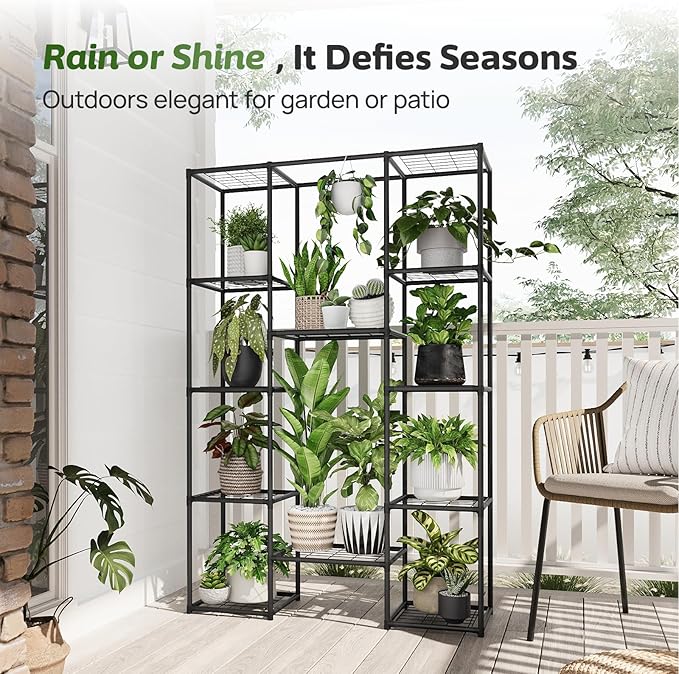 Plant Stand Outdoor Tall Plant Shelf Indoor Metal Large Hanging Plant Cabinet Waterproof Plant Rack Flower Holder for Living Room Patio Balcony Garden Black