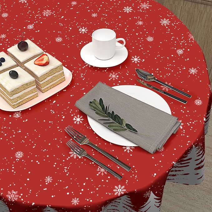 Giwawa Xmas Round Tablecloth 60 Inch, Farmhouse Red White Pine Trees Snowflakes Festive Washable Polyester Table Cover for Picnic Dinner Kitchen Winter Seasonal Holiday Party Decoration