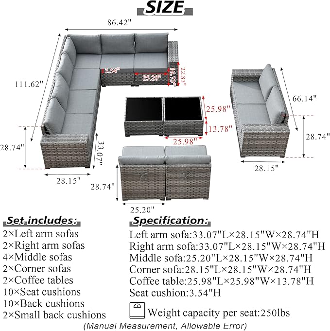 HOOOWOOO 12 Piece Modular Patio Outdoor Sectional Furniture Sofa Set,Wicker Conversation Set,Out Door Couch Set with Wide Arm for Outside All Weather(Dark Grey)