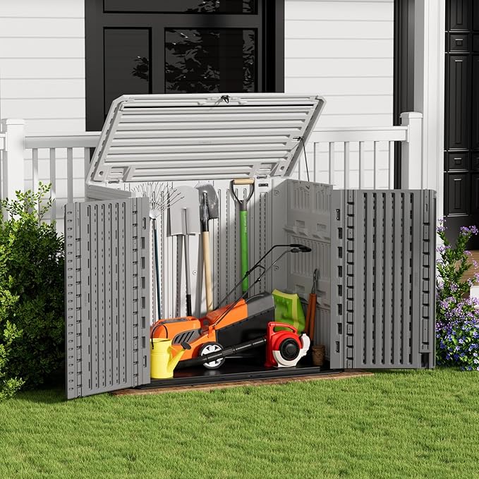 ZZM Outdoor Storage Shed Diamond Texture 4x3FT Horizontal Shed | 34 Cu.Ft Waterproof Resin Cabinet with Double-Wall | UV-Resistant & Lockable for Garden Tools, Bikes, Patio Furniture (Grey-White)