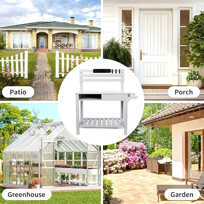 Kids Potting Bench Table Outdoor Garden Table Wooden Work Station Outdoor Garden Work Bench Platform with 3 Side Hook Shelf Natural Wood White Grey Gift for Boys Girls