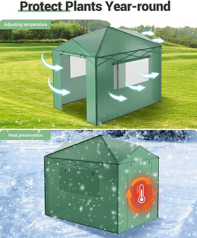 6X8 FT Portable Greenhouse for Outdoor,182 x 243 CM Wall in Pop Up Greenhouse for Gardening Plant, Zipper Roll Up Door & 4 Mesh Window, Double Frame, PE Cover Grow Tent for Winter, Green