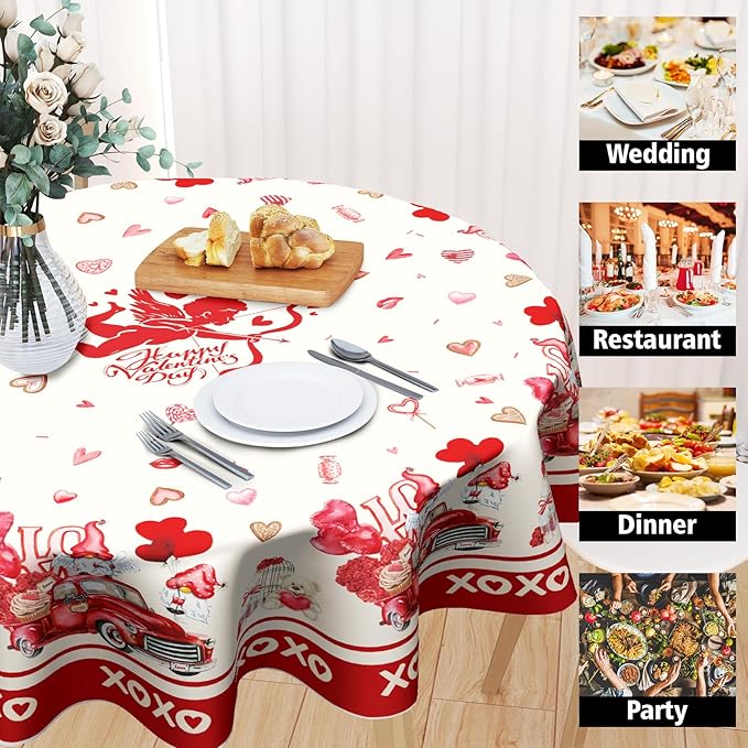 Valentines Round Tablecloth 60 Inches, Happy Valentine's Day Red Truck Table Cloth,Valentine Gnomes Love Hearts Cupid Table Cover for Wedding Anniversary, Proposals, Kitchen, Dining, Party Decor