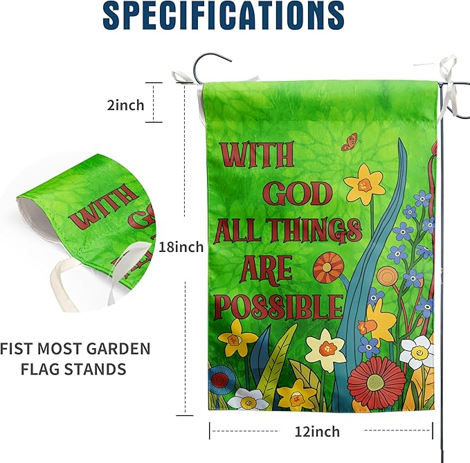 Religious Garden Flags Christian Flags for Outside Spring Floral Yard Flags Small Summer Outdoor Flag Green Flower with God All Things are Possible Banner 12x18 Double Sided