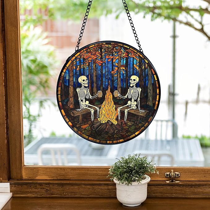 TNUW Halloween Fall Skeleton Stained Glass Window Hanging, Gothic Skeleton Autumn SunCatchers Indoor Window Glass Round Wall Art Decor, Halloween Fall Wall Hanging Decorations, 7.9＂x7.9＂