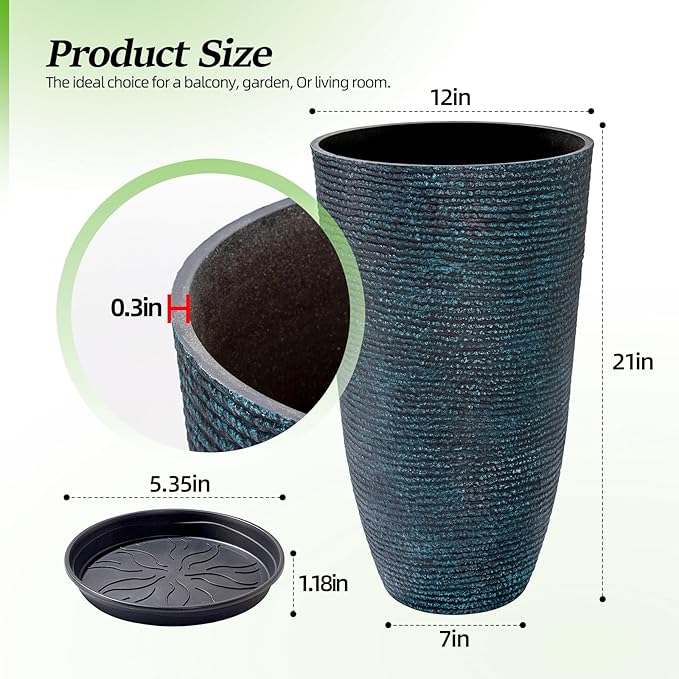 QCQHDU Large Tall Blue Planters with Saucer - 9 Gallon 12" Diameter x 21" H Faux Stone Round Pots for Indoor Plants, Outdoor Patio & Porch Decor, Heavy Duty Weatherproof Plant Containers