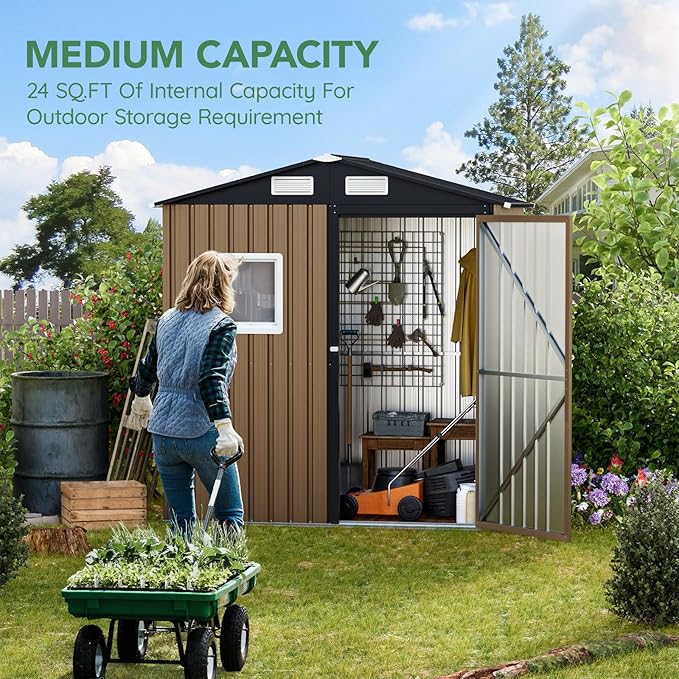 6X4FT Outdoor Steel Storage Shed with Lockable Doors, One Window,Ideal for Garden, Backyard, Patio Storage,Brown