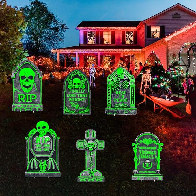 17”×10” Cemetery Halloween Tombstones Decorations, 6 Pack Glow in The Dark Tombstones for Outdoor, Light Up Halloween Gravestones, Scary Yard and Party Decor, Waterproof and Durable