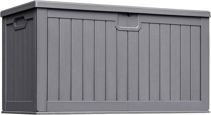 Greesum 230 Gallon HDPE Outdoor Storage Box with Removable Dividers, Weatherproof Oversized Deck Box for Patio, Garage, Garden, Gray