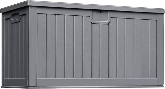 Greesum 230 Gallon HDPE Outdoor Storage Box with Removable Dividers, Weatherproof Oversized Deck Box for Patio, Garage, Garden, Gray