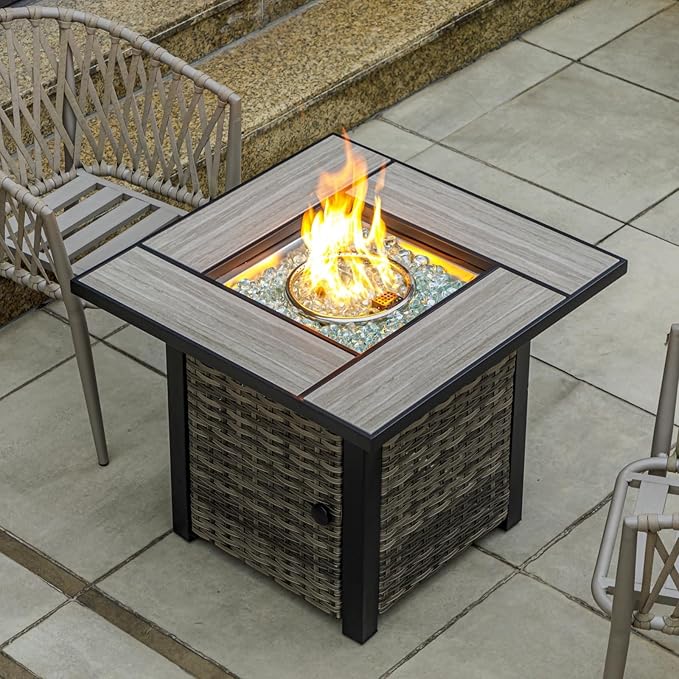 30" Propane Fire Pit Table with Real Ceramic Tabletop & Ratten Side Panel, 50000 BTU Gas Firepit Table with Lid & Glass Rock, Outdoor Fire Pit for Dining or Party, Firepit for Outside, Patio