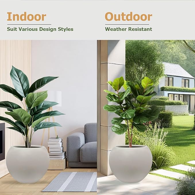 12.8" H x 16" D Globo Fiberstone Round Planter with Drainage Hole, Weather Resistant, Smooth Finish, Planters for Indoor Plants & Outdoor, 2 Extra Coco Mats (Taupe, 10.7" Pot Opening)