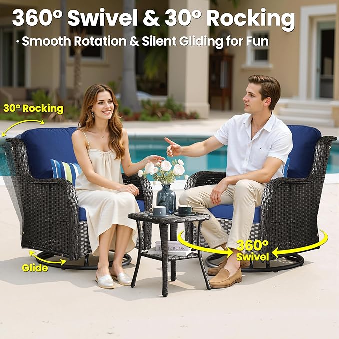 ovios 6 Pieces Patio Furniture Set, Outdoor Wicker Sofa Couch with Swivel Chairs Ottomans Comfy Cushions, All Weather High Back Modern Conversation Sets, Brown Rattan, Navy Blue