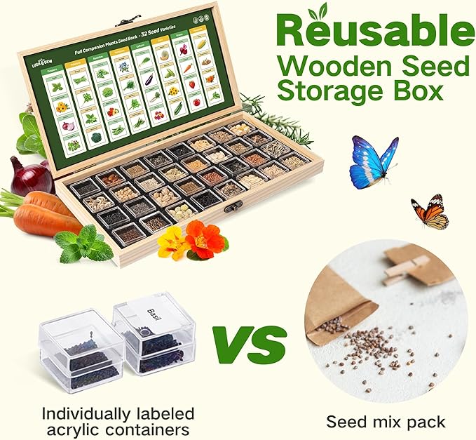 LUSH&DEW Full Companion Plants Vegetable Seed Bank, Gardening Gifts for Women Men, 32 Varieties 30,000+ Non-GMO Heirloom Fall Garden Seeds, Raised Garden Bed, Survival Seed Kit Emergency Food Supplies