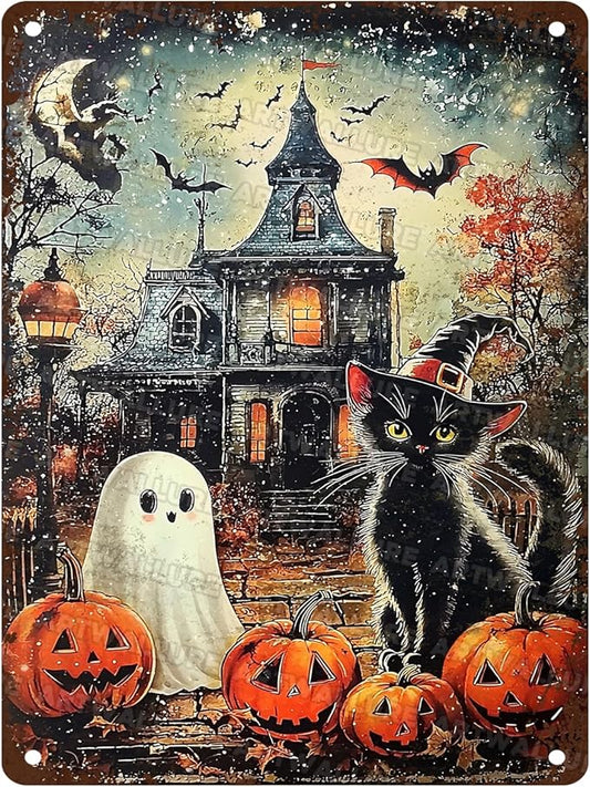 Halloween Black Cat Vintage Sign Funny Ghost Pumpkin Metal Tin Sign Halloween Bat Decor for Home Bar Kitchen Hotel Dining Room Coffee 12x16inch