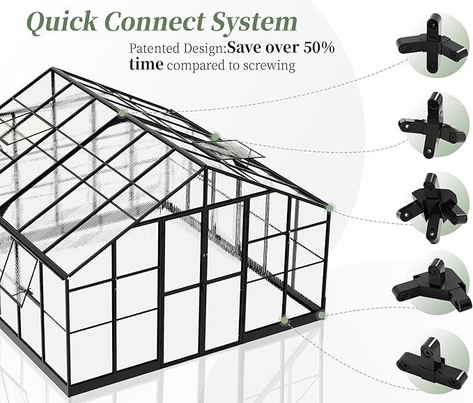 Jocisland 12x13.5x9 Polycarbonate Outdoor Aluminum Greenhouse - Quick Connect Fittings, 6.7 FT Height Bronze Double Doors, 4 Ventilation, Walk In Backyard Garden Greenhouse