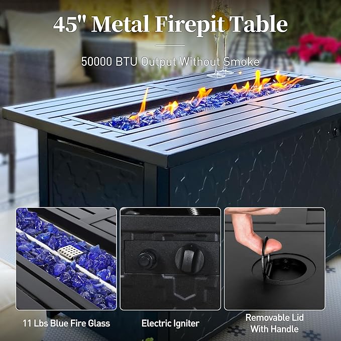 6 Piece Metal Outdoor Patio Furniture Set with Firepit Table, Patio Conversation Set 1 3-Seater Sofa, 2 Swivel Chair, 2 Ottoman with 5.75" Thick Cushion, Black Backyard Furniture, Red