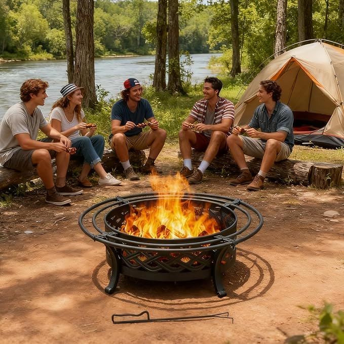 42 Inch Outdoor Fire Pit with 2 Loops,Crossweave Wood Burning Fire Pits for Outside,with Spark Screen,Fire Poker,Round Metal Firepit for Patio,Backyard,Beach,Camping,Bonfire(42''Black)