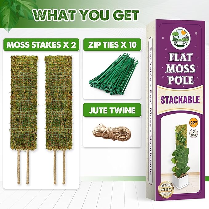 DUSPRO Flat Mesh Moss Poles for Climbing Plants Monstera Stackable Moss Pole for Plants with Real Moss Moss Plant Pole for Potted Plants Handmade Moss Stick for Indoor Plants Grow Upward 2 Pack 22”