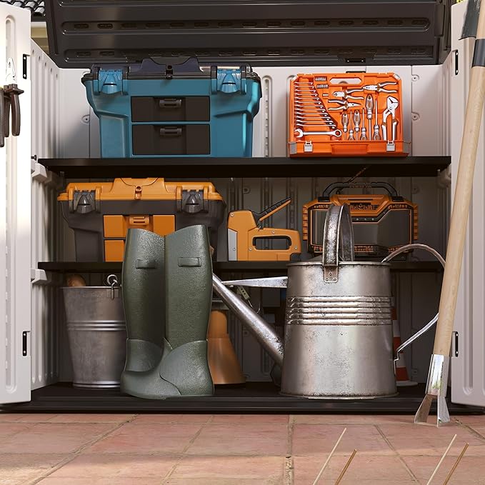 Vertical Resin Storage Shed with 2 Shelves, 47 Cuft Garden Tool Sheds & Outdoor Storage, Plastic Outdoor Storage Cabinet Waterproof, 4.5x2.8 ft Backyard Outside Lawn Mower Storage Shed, White