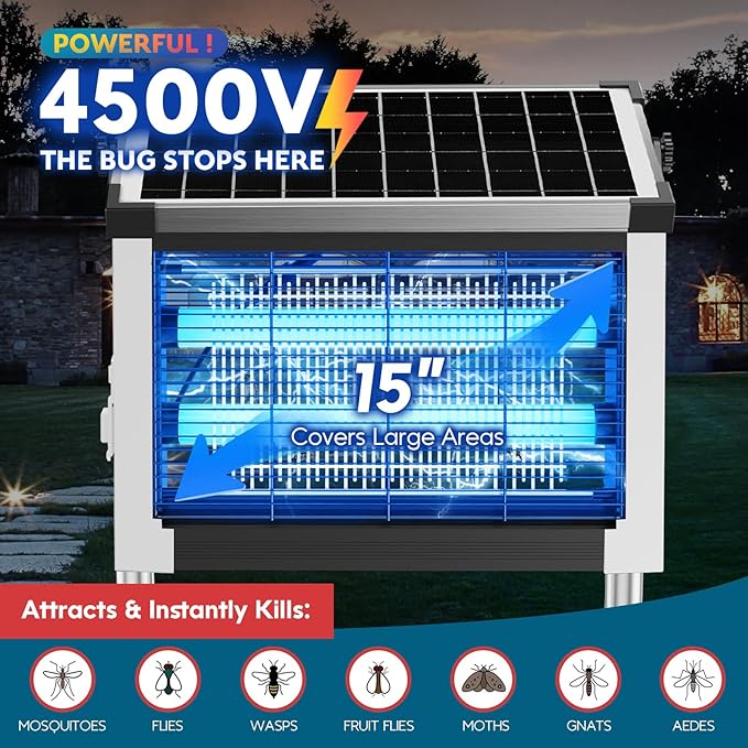 Solar Bug Zapper Outdoor, PhatroyYee Mosquito Zapper 4500V, Waterproof Portable Fly Zapper, Rechargeable Electric Mosquito Killer, Cordless Fly Insect Mosquitos Trap for Patio Yard Home Camping(White)