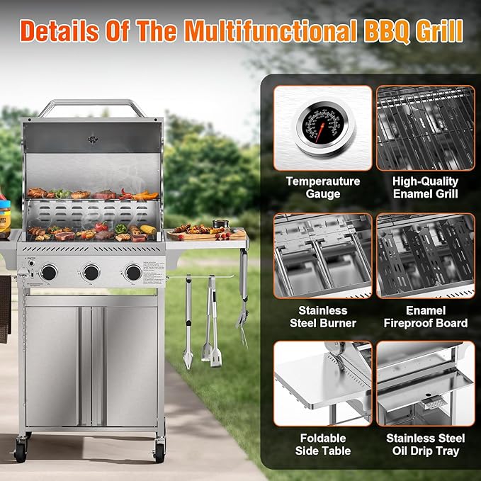 G31 Grill,3-Burner Gas Grill with Folding Shelf,Stainless Steel 24,000 BTU Propane Gas Grill,Outdoor BBQ Grill for Barbecue,Patio,Camping