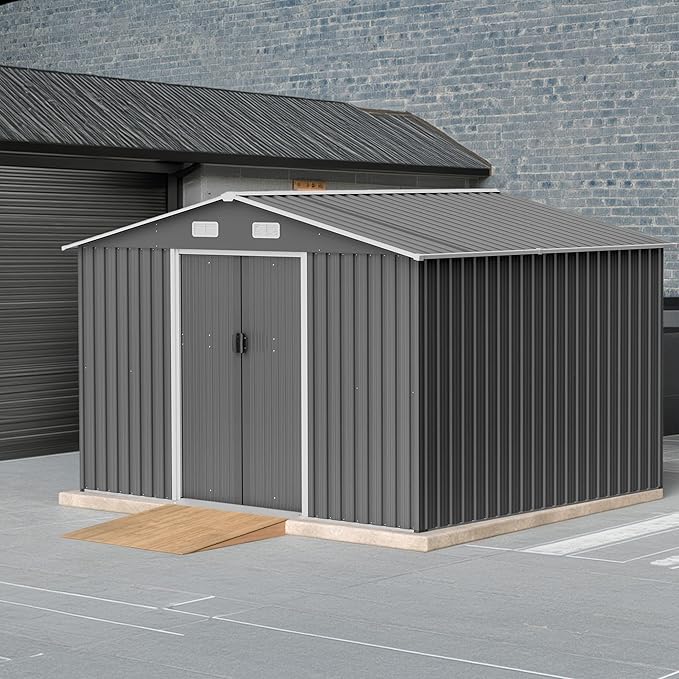 10X8 FT Outdoor Tool Storage Shed with Metal Foundation & Lockable Doors, All Weather Metal Sheds for Garden, Patio, Backyard, Lawn, Gray