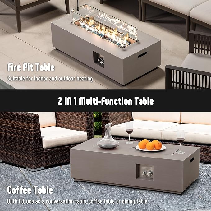 42’’ Propane Fire Pit Table Set with Tank Holder, CSA Certifed 50,000 BTU Outdoor Firepit Table, Wind Guard & Glass Stones, Smoke-Free Rectangular Fire Table for Garden Porch Backyard - Extra Cover