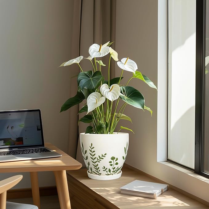 Ceramic Pot for Plants 8.2 Inch - Indoor Plant Pot with Drainage Hole and Saucer, Decorative Boho Round Outdoor Planter, Gardening Gifts for Women Men, Room Patio Office Home Decor, White