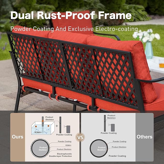 4 Piece Black Metal Outdoor Patio Furniture Sets with Firepit Table, Patio Conversation Sets 1 3-Seater Sofa, 2 Swivel Sofa with 5.75" Thick Cushion Backyard Furniture for Deck, Red