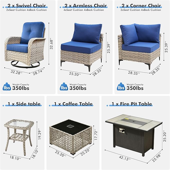 Outdoor Sectional Patio Furniture Set with Swivel Rocking Chairs,9 Pieces Wicker Conversation Sets L Shaped Couch Out Door Sofa Set Outside Furniture for Garden Deck Yard Porch,Navy Blue