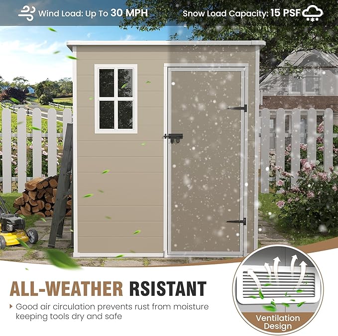 Outdoor Storage Shed, 6x6 FT Resin Shed with Floor and Lockable Door, Window, Vents, Tool Sheds and Outdoor Storage for Bike, Garden Accessories, Tools, Waterproof Light Brown