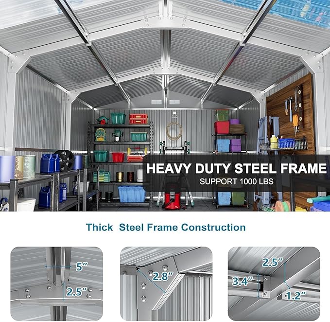Restland 10x16 FT Outdoor Storage Shed with Floor Base Frame Reinforced Metal Shed with Clear Roof, Air Vent & Lockable Door Large Garden Tool Storage Sheds for Backyard, Garden, Lawn