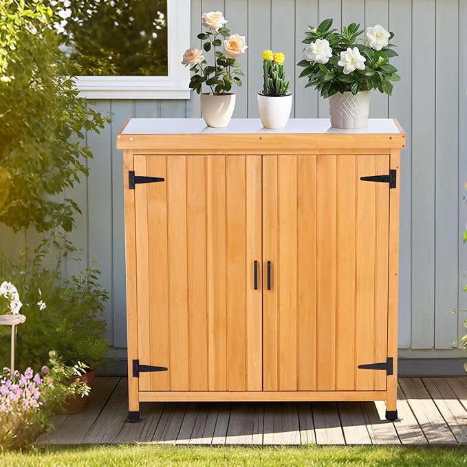 Outdoor Potting Bench with Metal Work Top,Waterproof Garden Storage Cabinet,Wooden Tool Station Shed for Backyard,Patio,Lawn Gardening