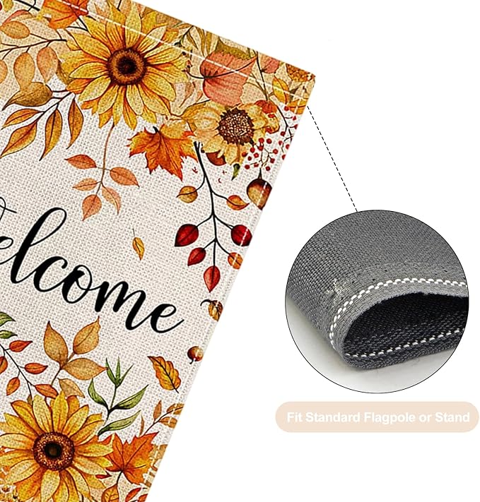 Fall Garden Flag 12 x 18 Inch Double Sided Welcome Sunflower Maple Leaves Designs Autumn Burlap Yard Flag for Outside Rustic Yard Outdoor Holiday Home Decoration